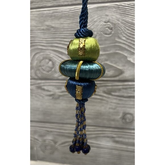 Vintage Christmas Threaded Beaded Tassel  5” Ornament Unique Blue Green Gold - Picture 3 of 8